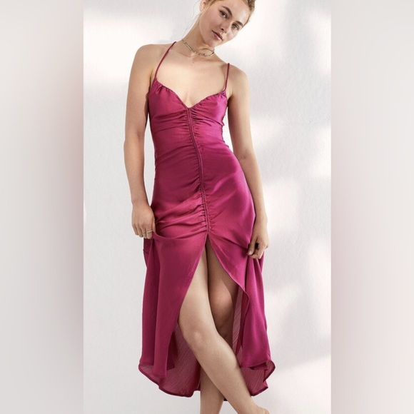 Free People Dresses & Skirts - Intimately Free People Sz XL Nothing Better Pink Raspberry Midi Satin Slip Dress